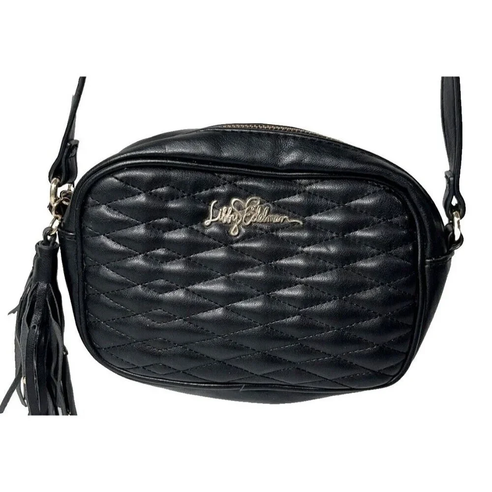 Libby Edelman Black Mini Crossbody Quilted Tassle Purse Bag 8"